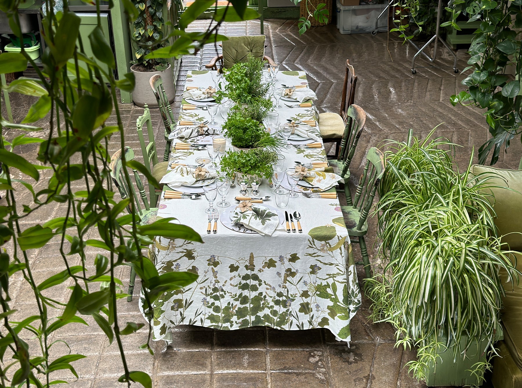 Stoneware Painted Green Floral Plant Pot, Small 17cm