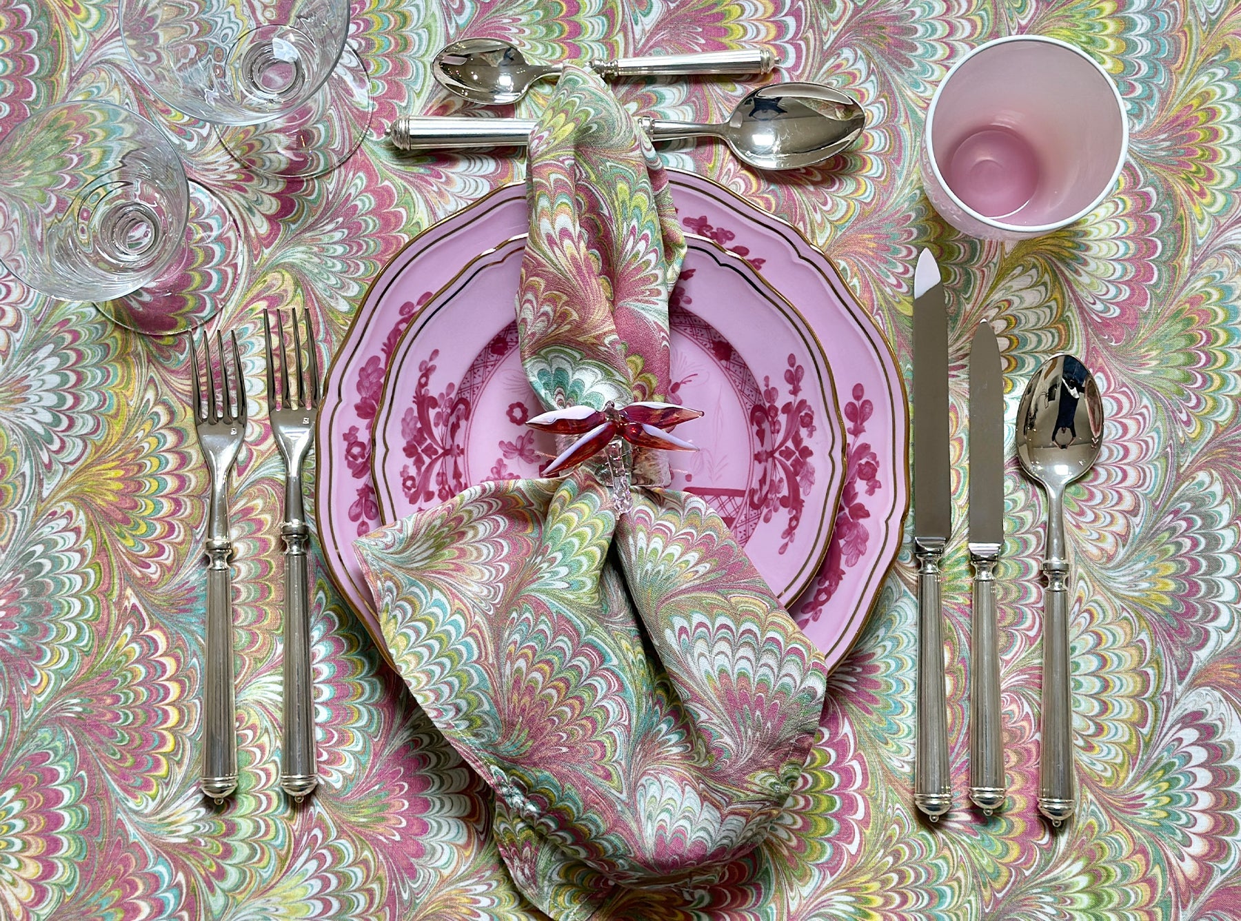 'Marble Fan' Linen Tablecloth in Pink, Green & Yellow
