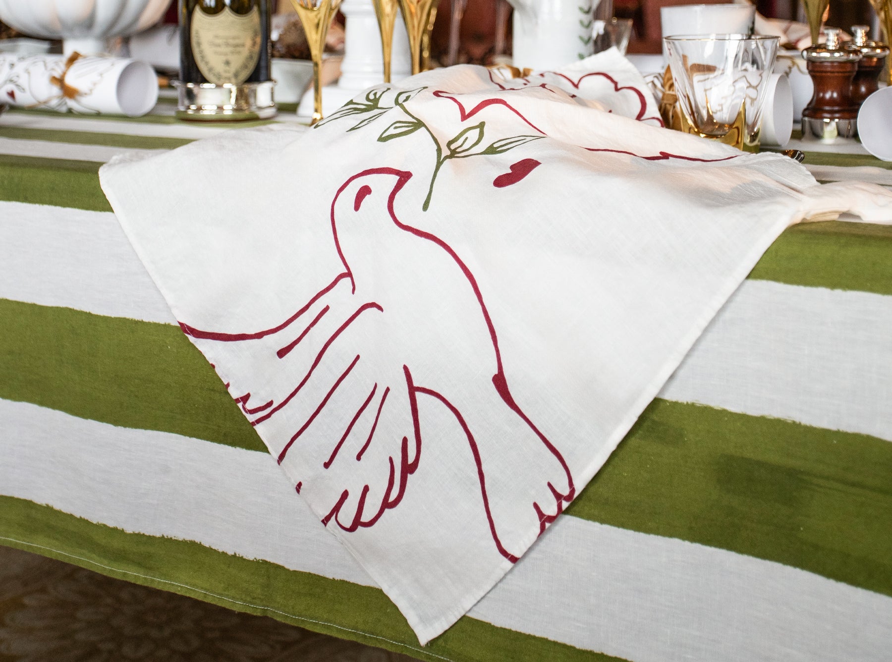 Red 'Doves' Linen Napkin, 50x50cm