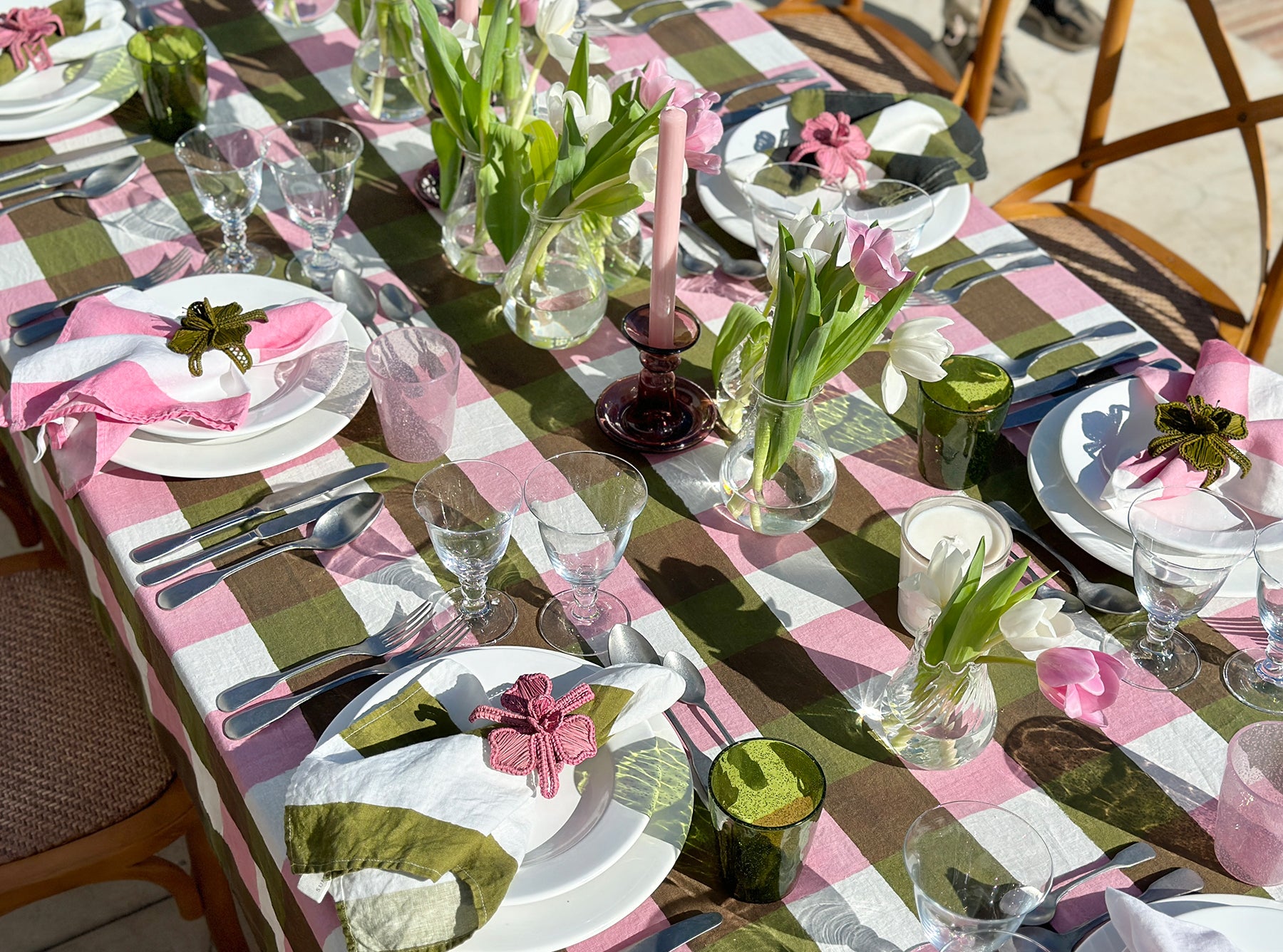 'Gingham' Linen Tablecloth in Rose Pink & Avocado Green