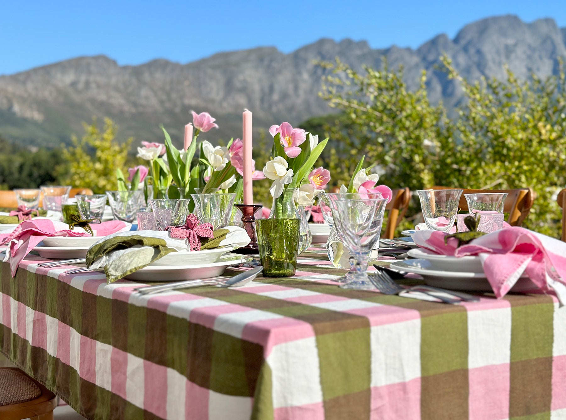'Gingham' Linen Napkin in Rose Pink & Avocado Green