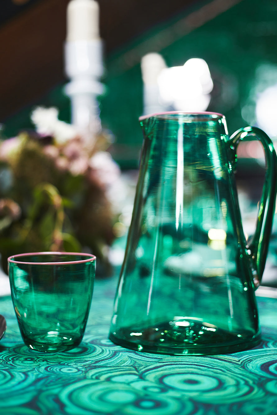 Handblown Glass Bumba Jug in Emerald Green with Pink Rim, 3lt