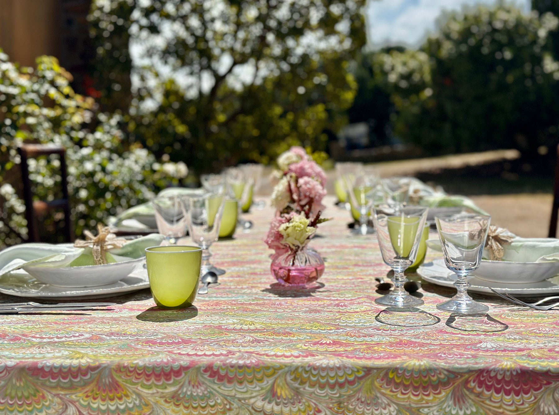 'Marble Fan' Linen Tablecloth in Pink, Green & Yellow