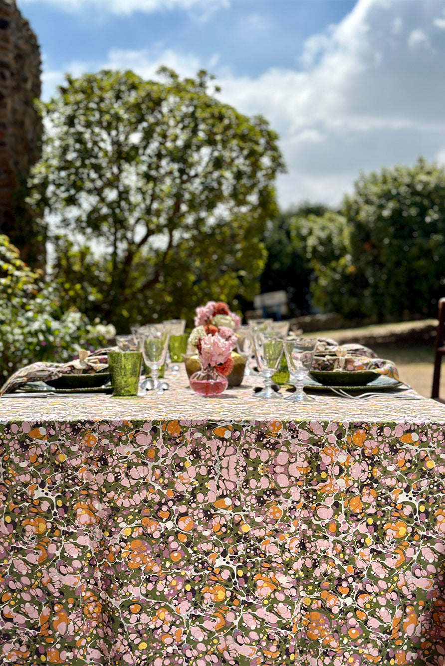 Summerill & Bishop 'Marble' Linen Tablecloth in Green, Rose Pink & Orange