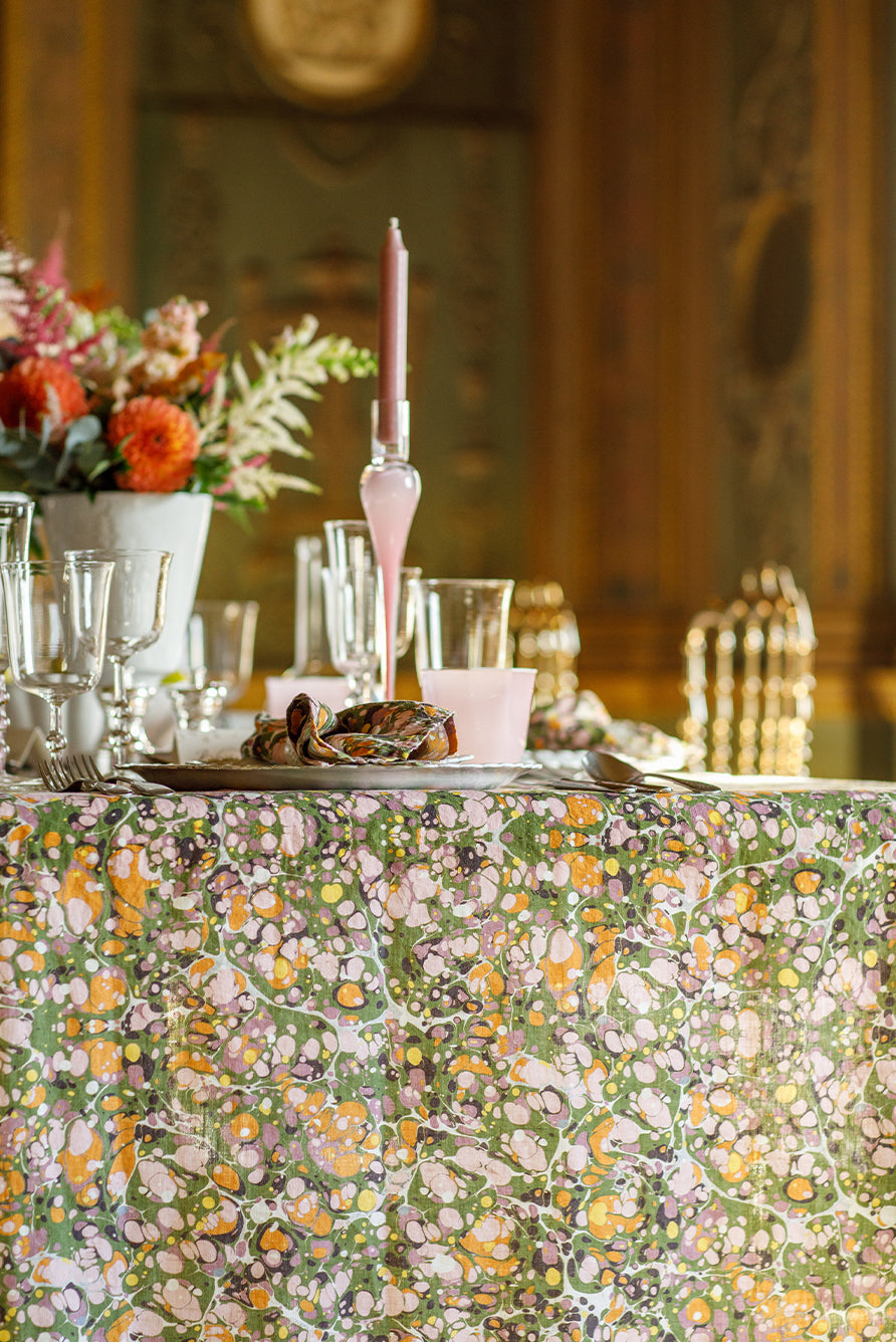 Summerill & Bishop 'Marble' Linen Tablecloth in Green, Rose Pink & Orange