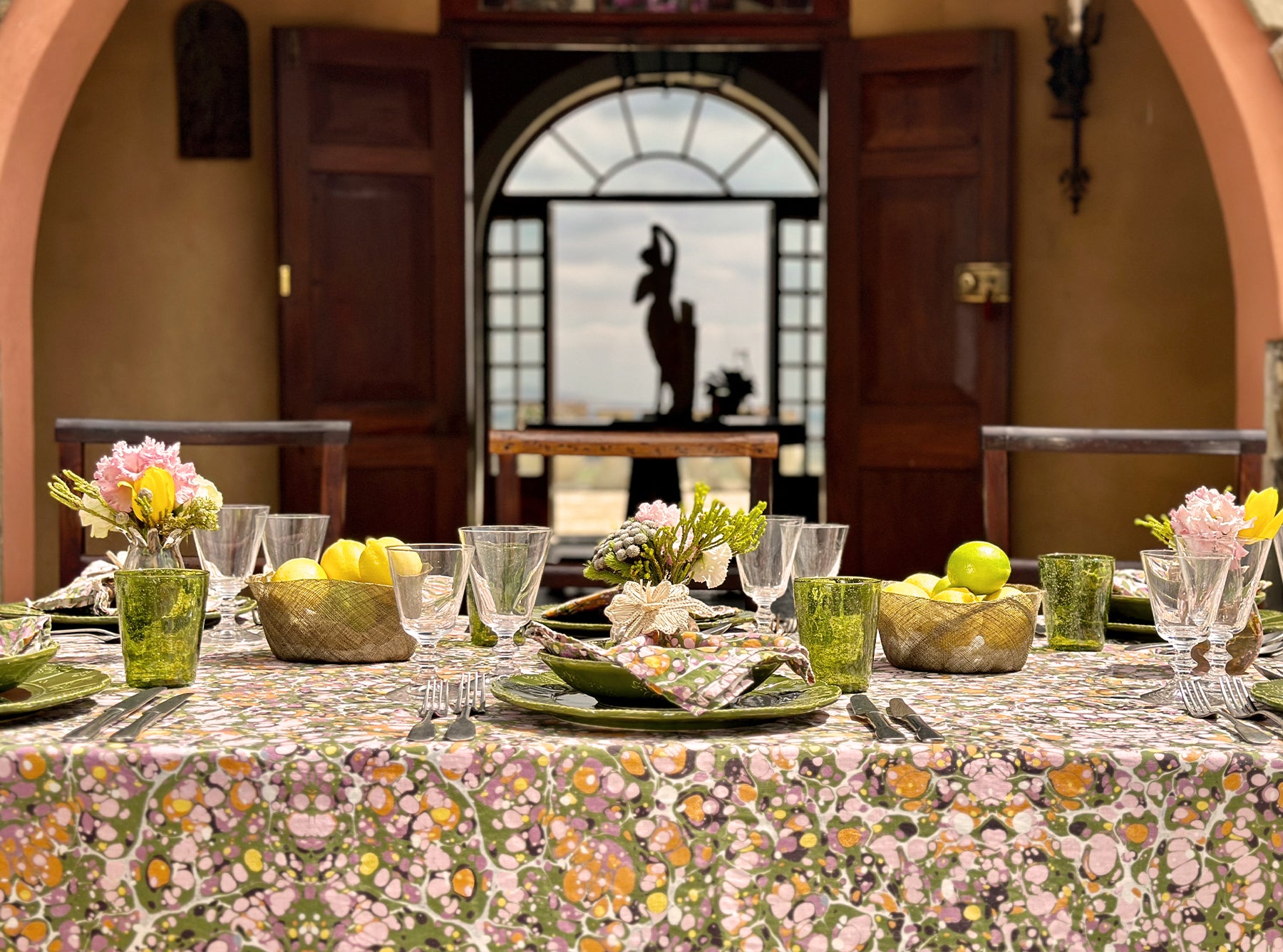 Summerill & Bishop 'Marble' Linen Tablecloth in Green, Rose Pink & Orange