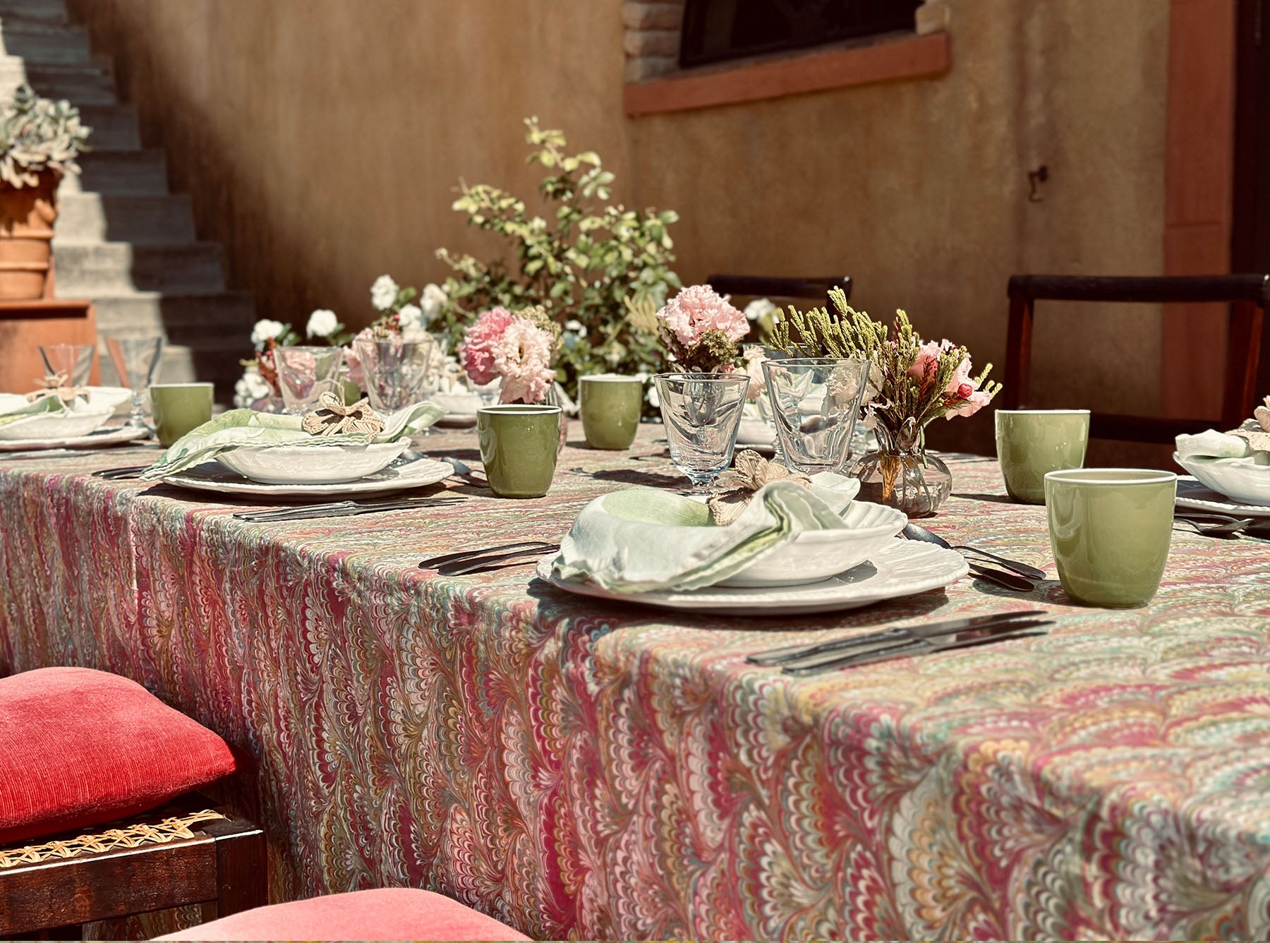 'Marble Fan' Linen Napkin in Pink, Green & Yellow, 50x50cm