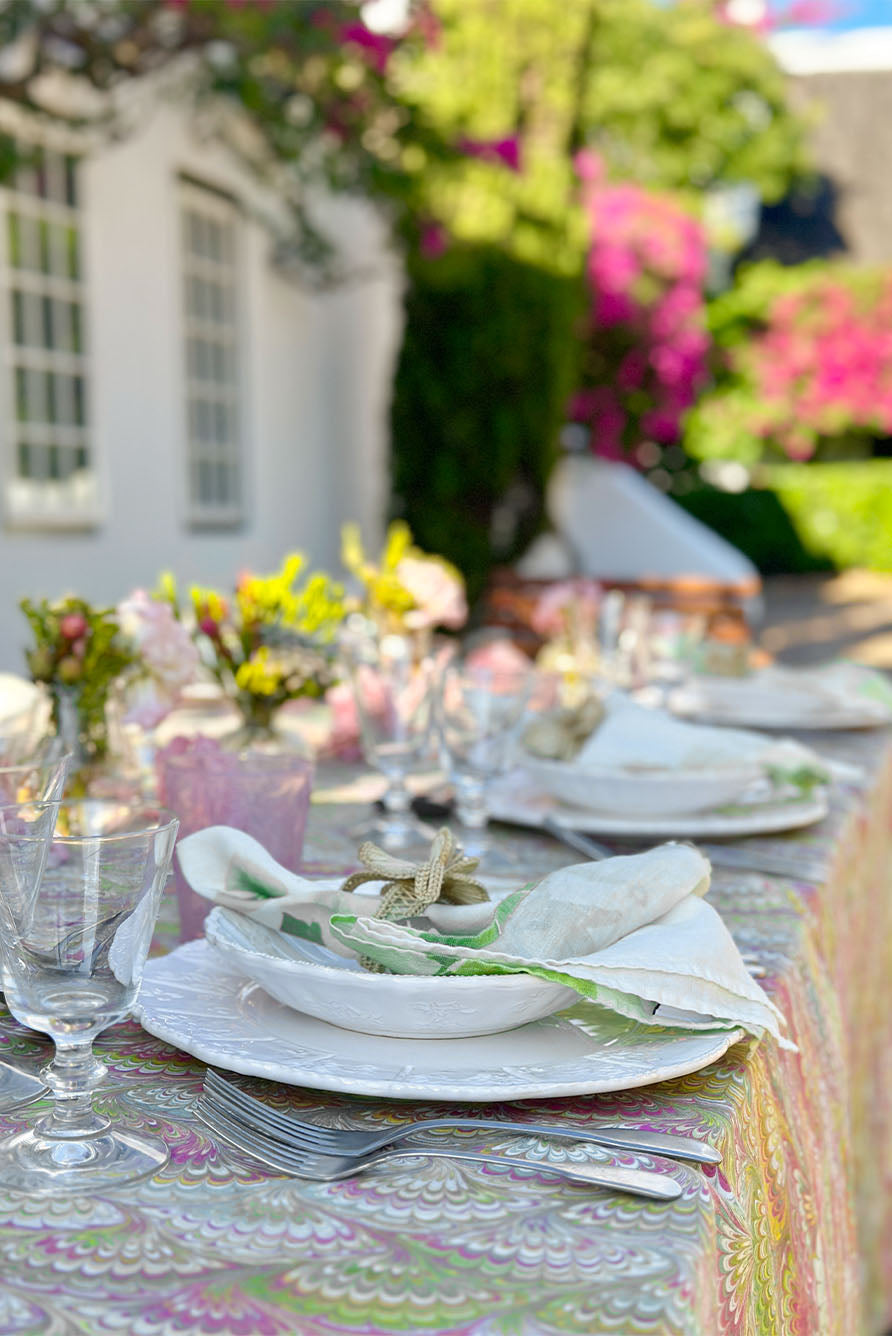'Marble Fan' Linen Tablecloth in Pink, Green & Yellow
