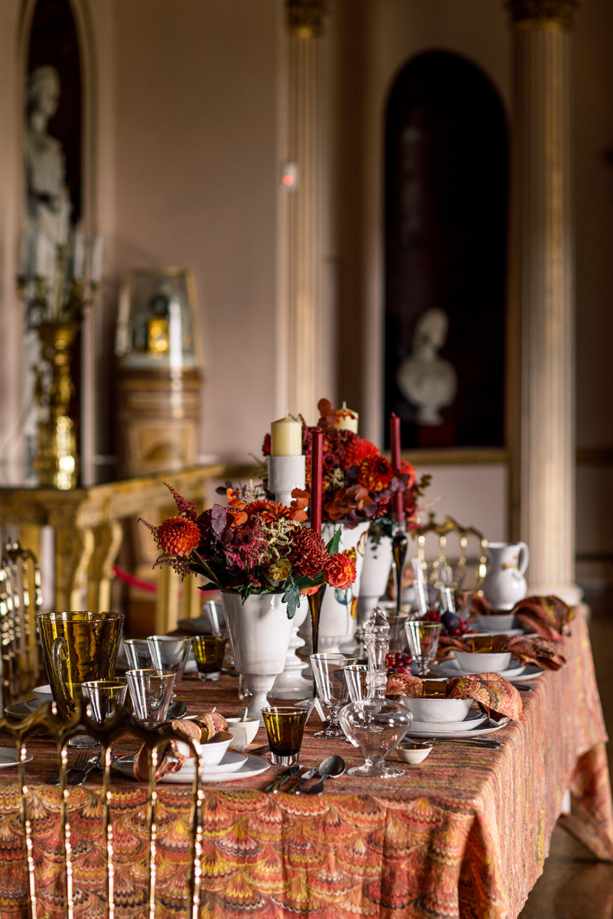 'Marble Fan' Linen Tablecloth in Rust Red, Yellow & Orange