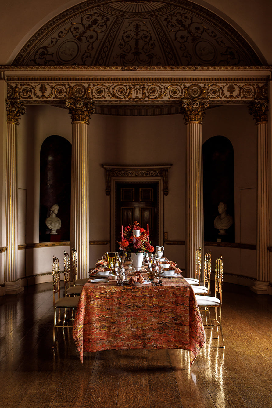 'Marble Fan' Linen Tablecloth in Rust Red, Yellow & Orange