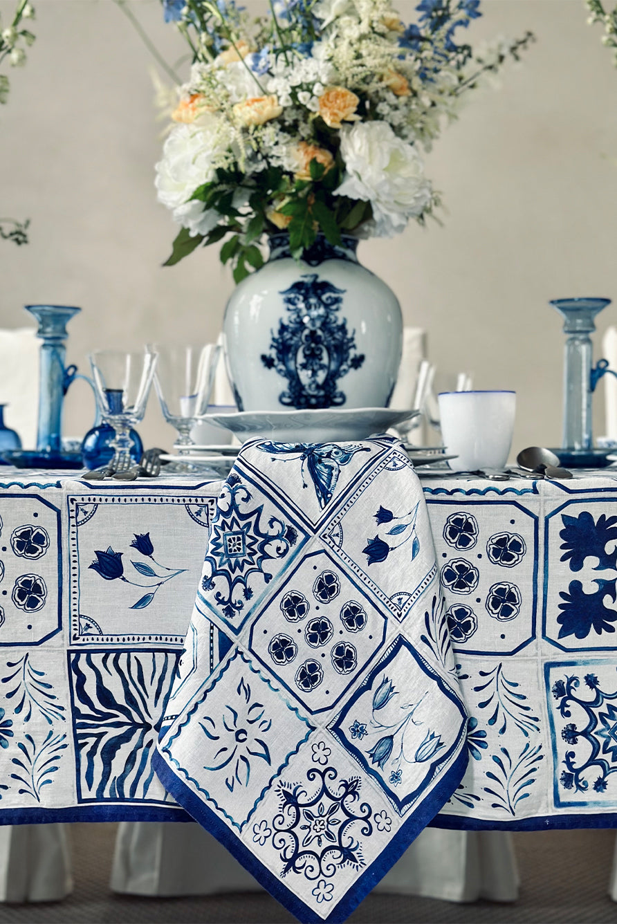 'Azulejos' Tile Linen Tablecloth in Blue