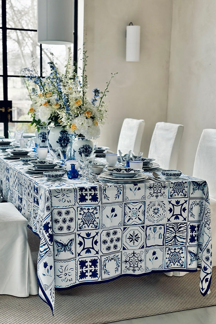 'Azulejos' Tile Linen Tablecloth in Blue