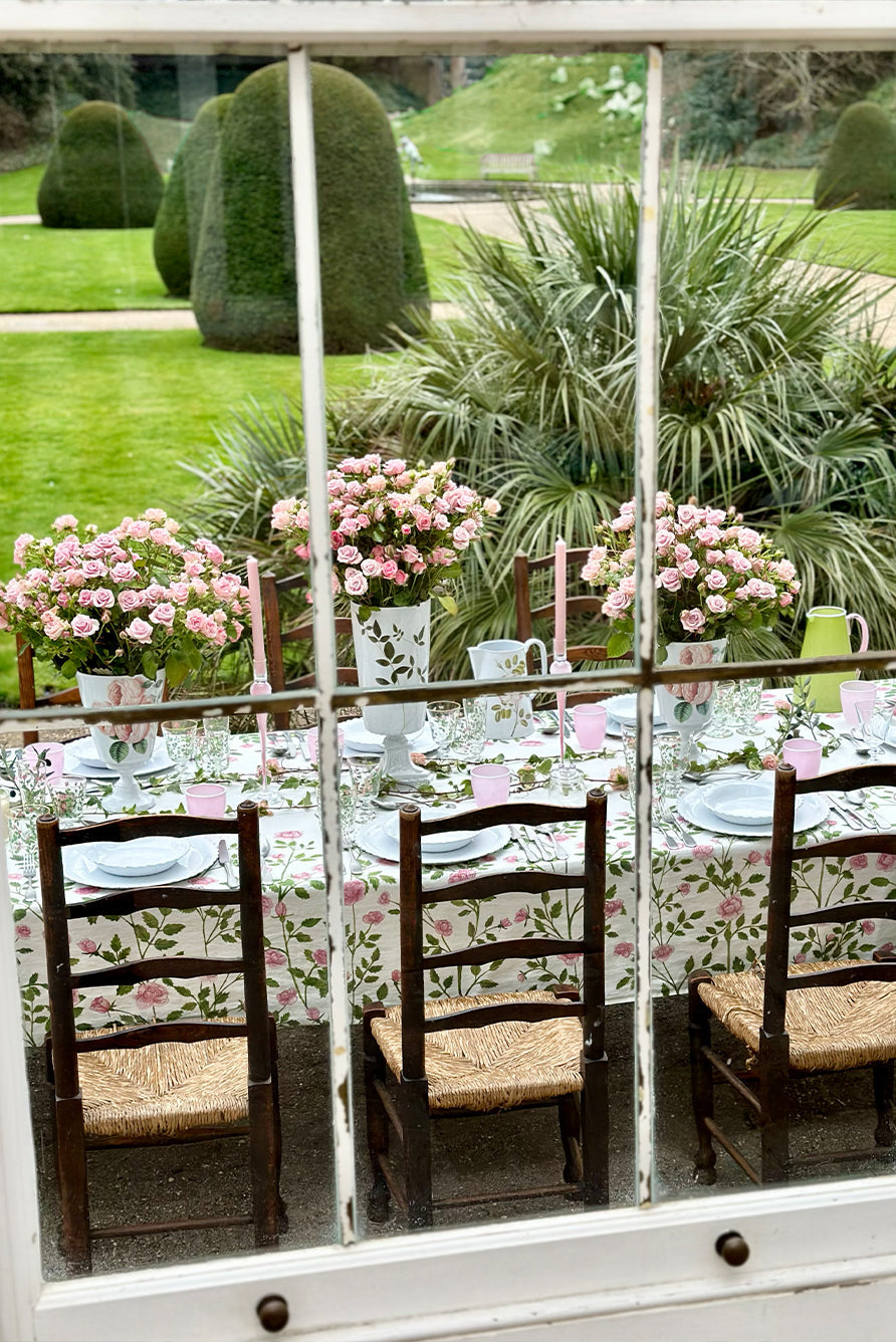 'Le Jardin des Roses' Linen Tablecloth in Pink & Green