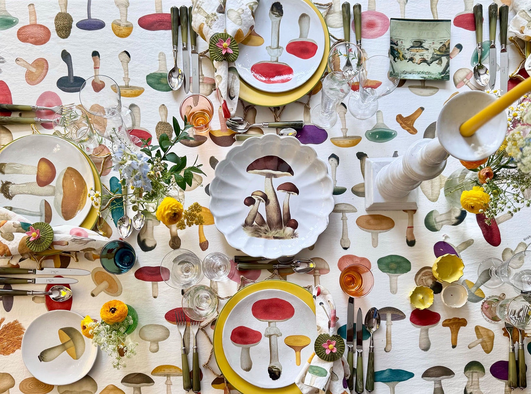 S&B x John Derian White 'Fungi' Linen Tablecloth