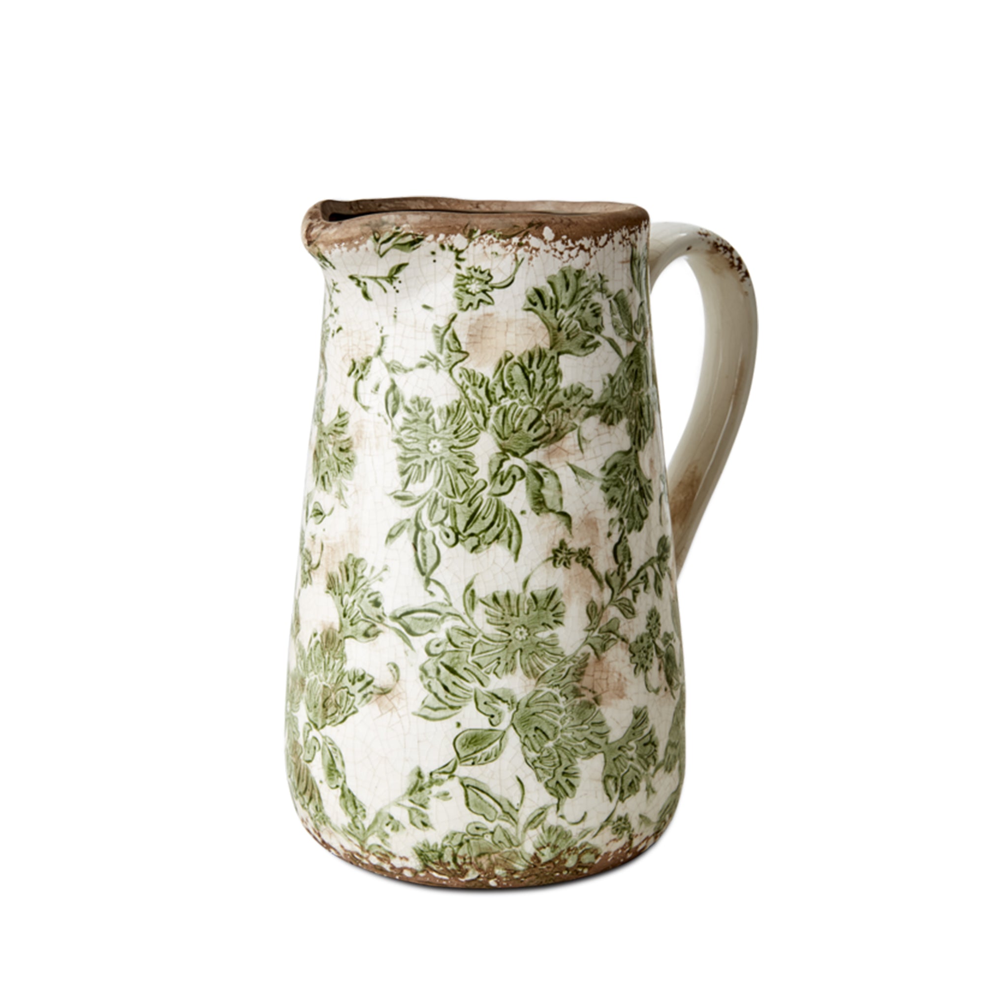 Stoneware Painted Green Floral Jug, 23cm