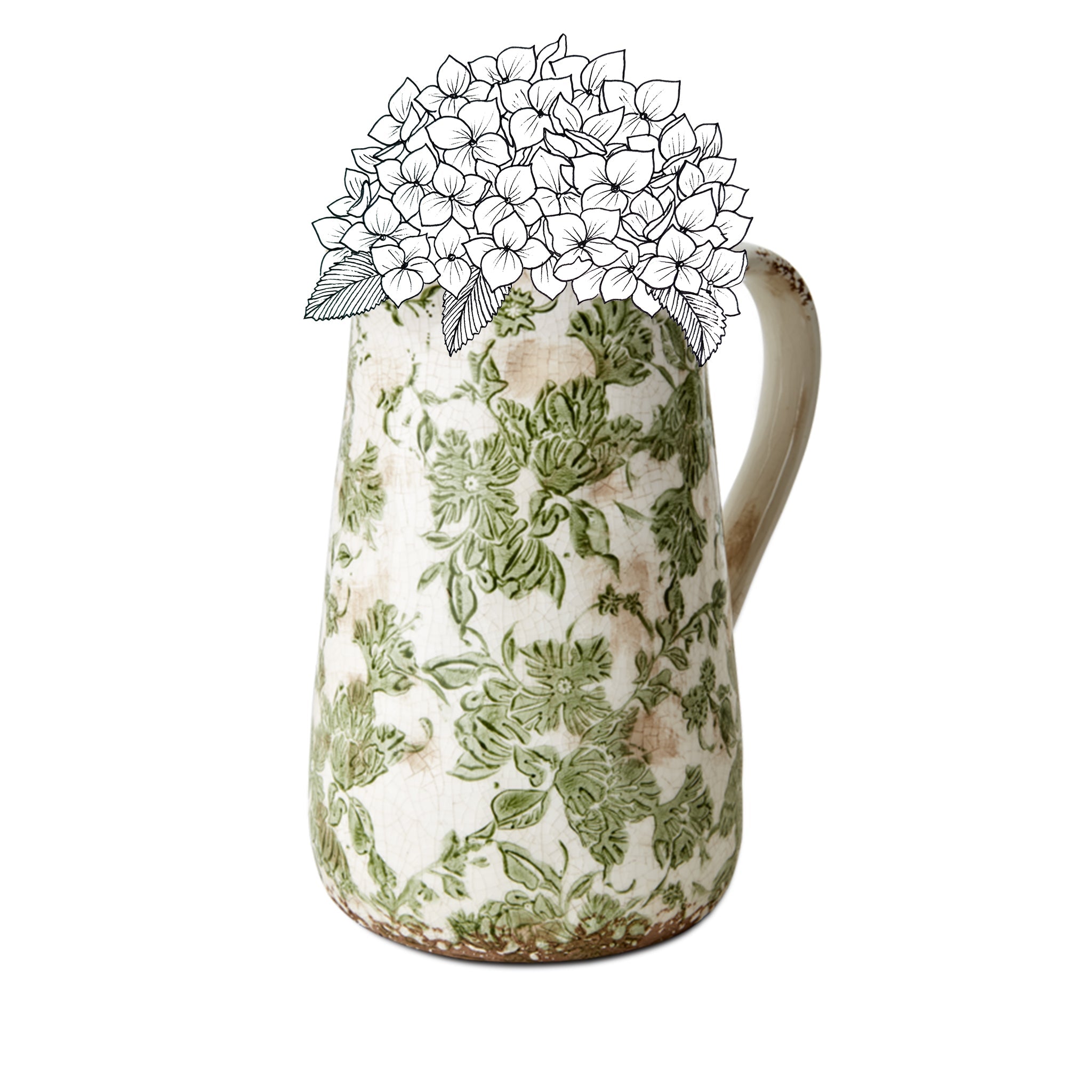 Stoneware Painted Green Floral Jug, 23cm