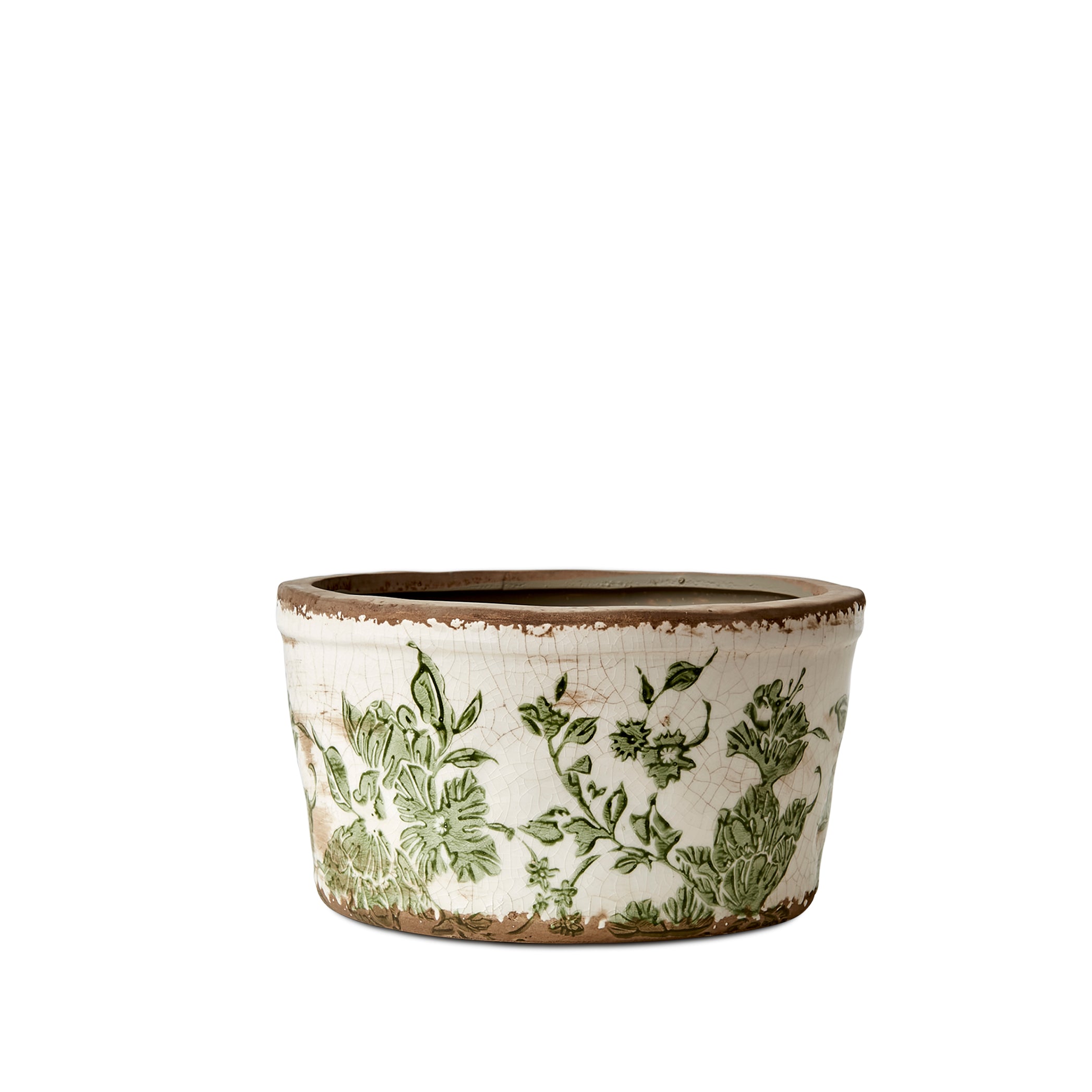 Stoneware Painted Green Floral Plant Pot, Small 17cm
