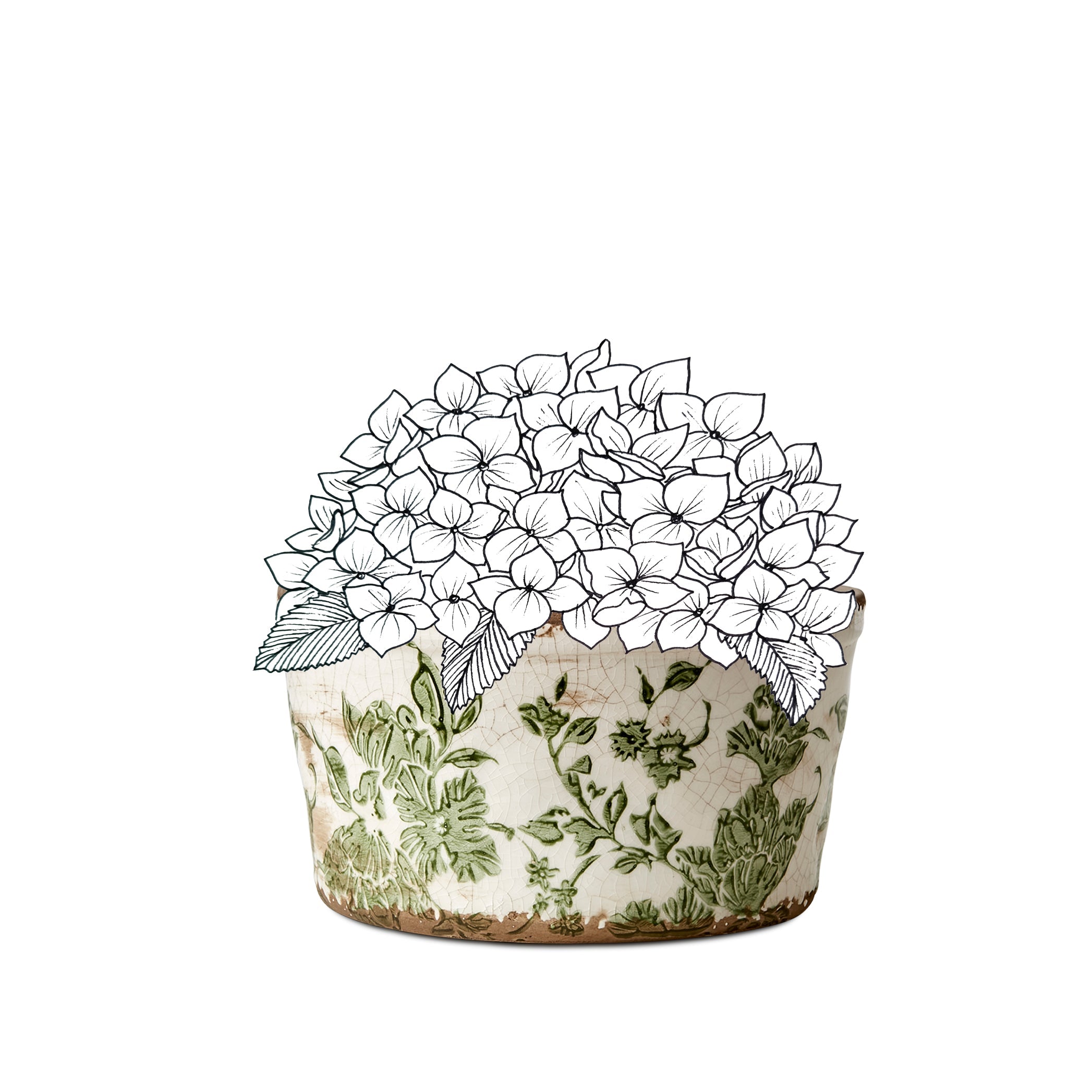 Stoneware Painted Green Floral Plant Pot, Small 17cm