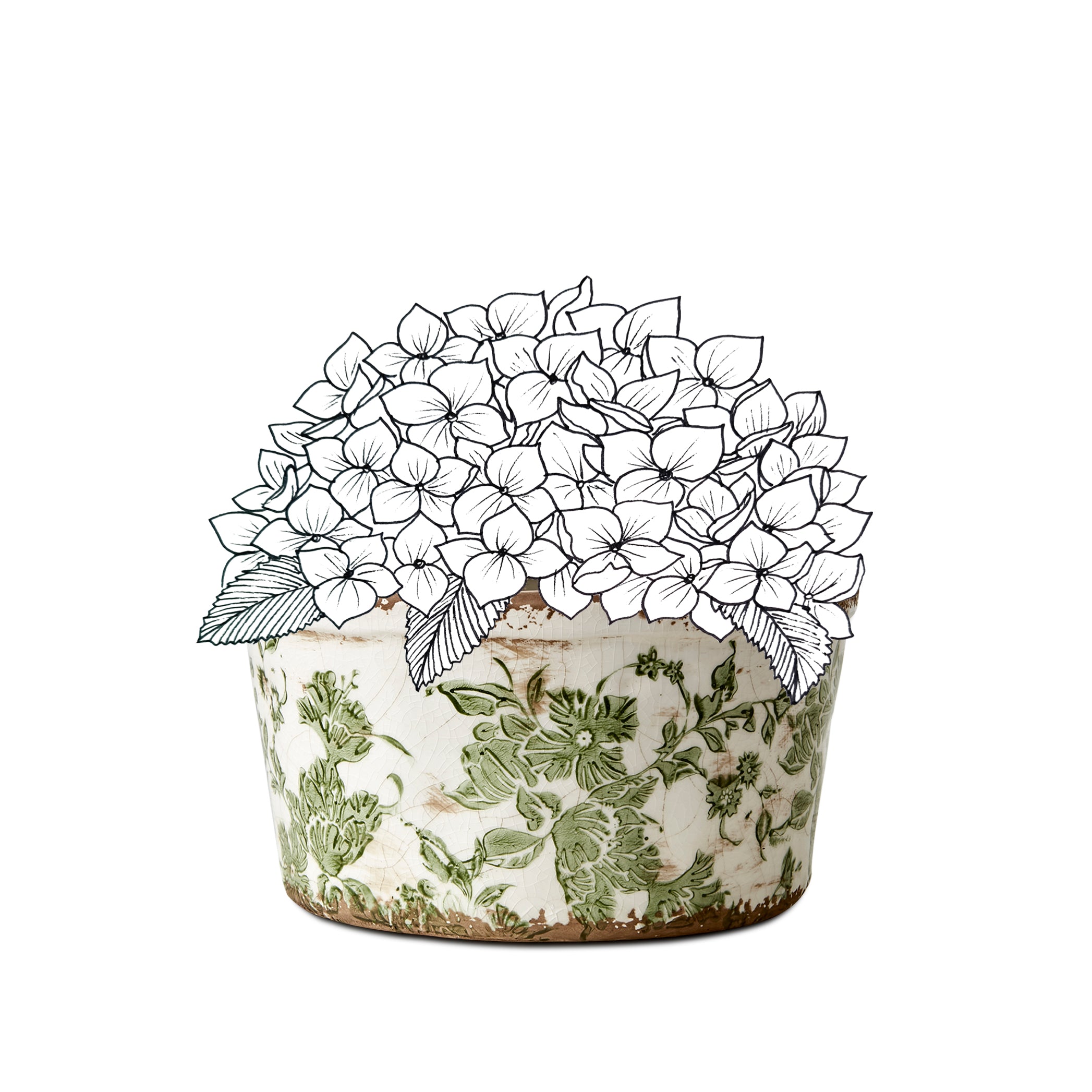 Stoneware Painted Green Floral Plant Pot, Medium 20cm