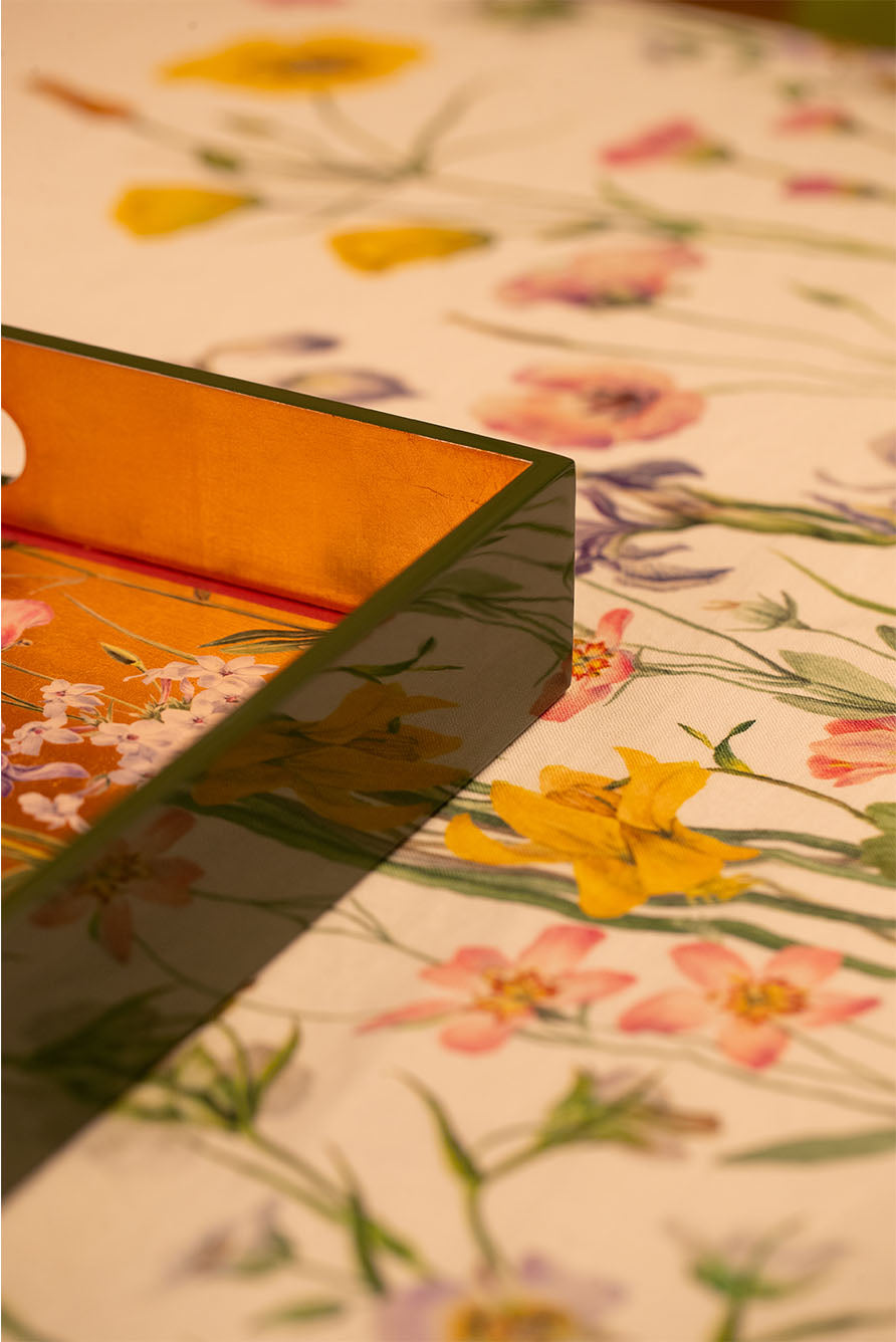 S&B Gold Leaf 'Our June' Floral Rectangular Lacquered Tray, 50cm x 40cm