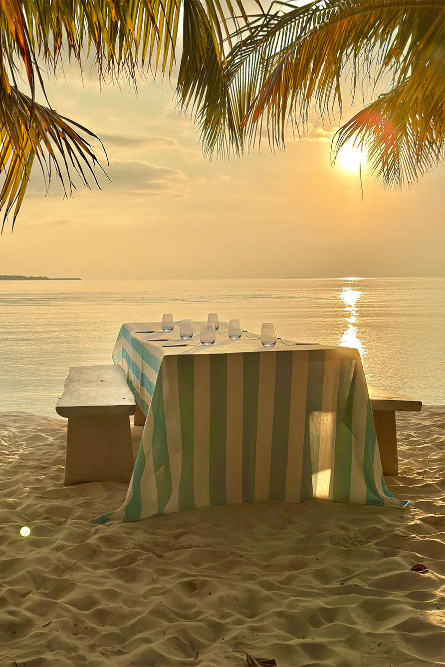 'Stripe' Linen Tablecloth in White & Pale Blue