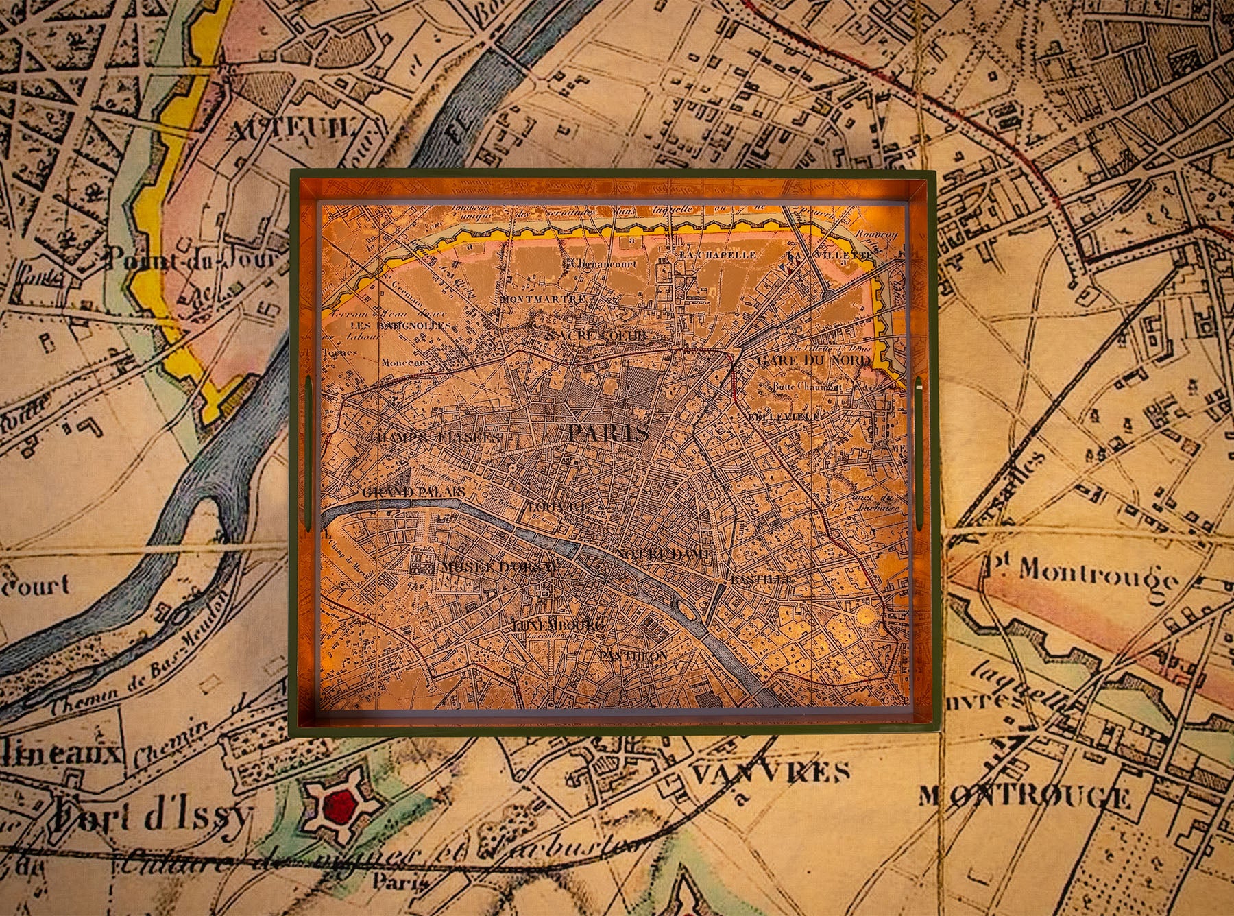 S&B Gold Leaf 'Paris Map' Rectangular Lacquered Tray, 40cm x 35cm