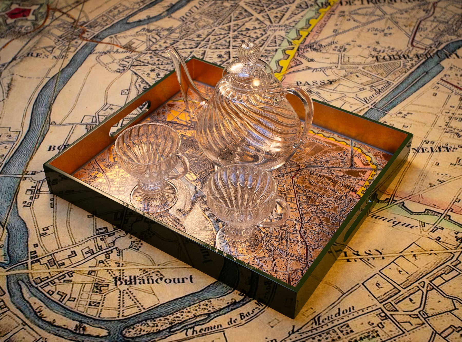 S&B Gold Leaf 'Paris Map' Rectangular Lacquered Tray, 40cm x 35cm