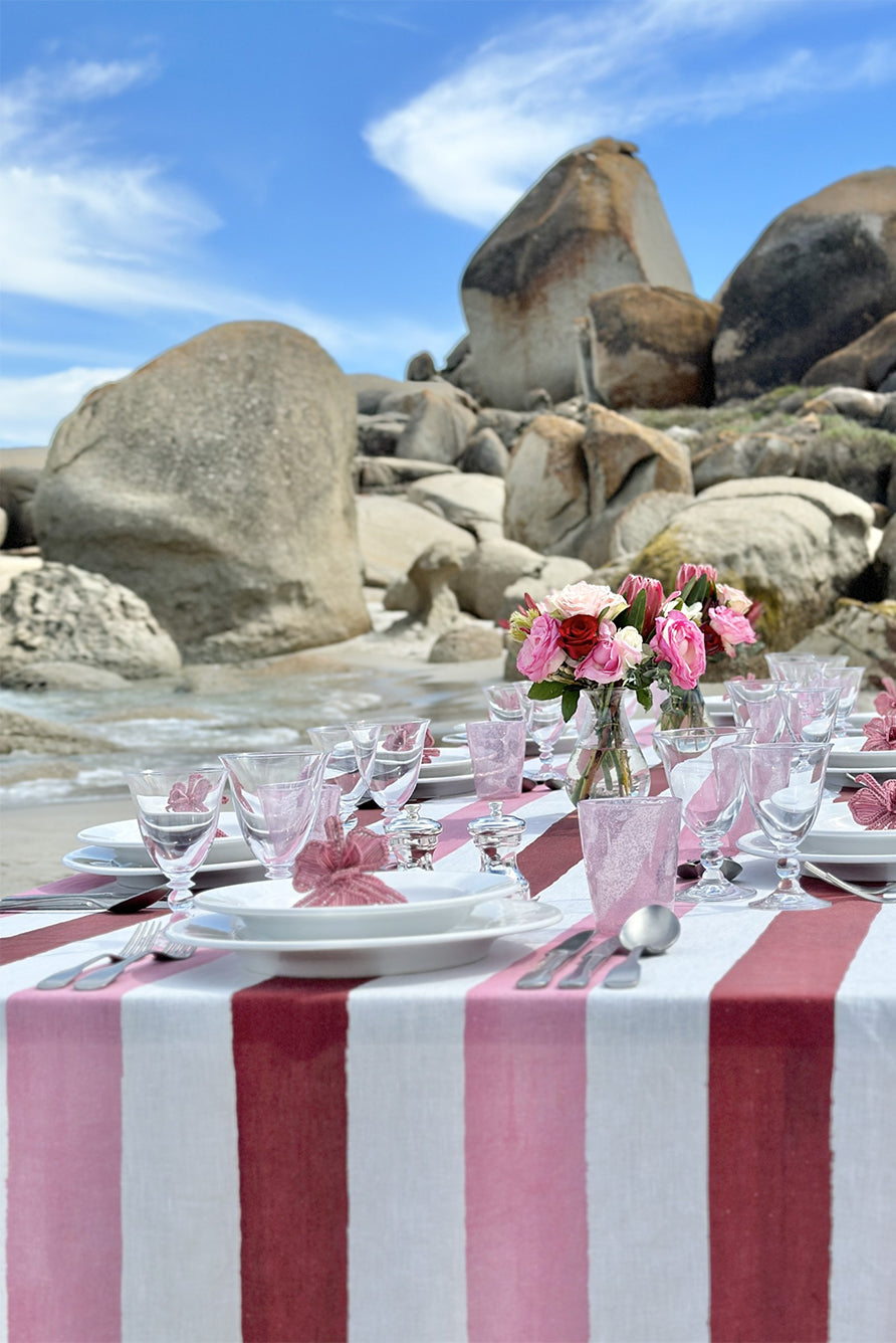 Stripe Linen Tablecloth in Raspberry Red & Rose Pink