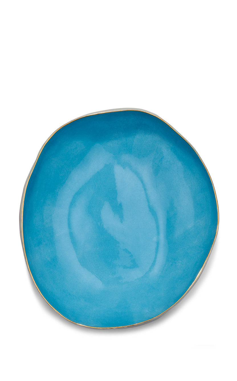 Handmade Pebble Ceramic Bowl in Blue with Gold Rim, Large 30cm