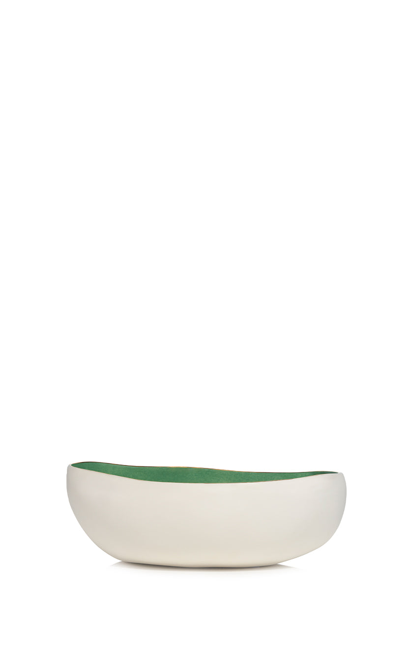 Handmade Pebble Ceramic Bowl in Green with Gold Rim, Medium 22cm