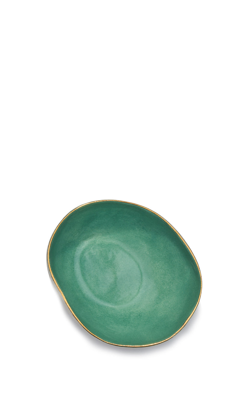 Handmade Pebble Ceramic Bowl in Green with Gold Rim, Small 13cm