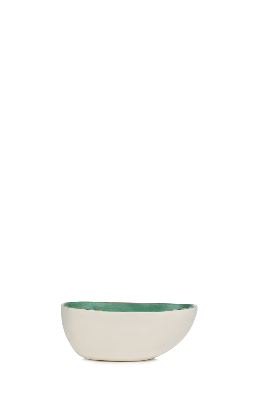 Handmade Pebble Ceramic Bowl in Green with Gold Rim, Small 13cm