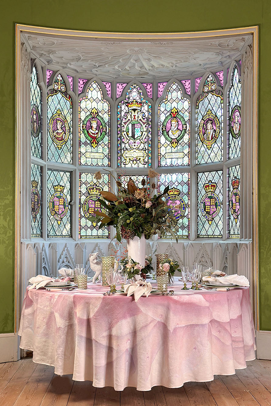 Pink Painted 'Peony' Linen Tablecloth, 260cm
