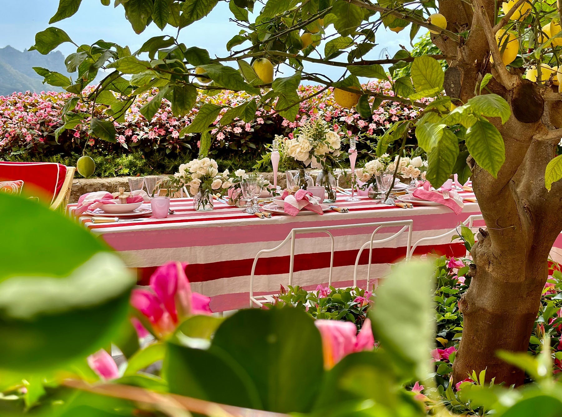 'Stripe' Linen Tablecloth in Raspberry Red & Rose Pink