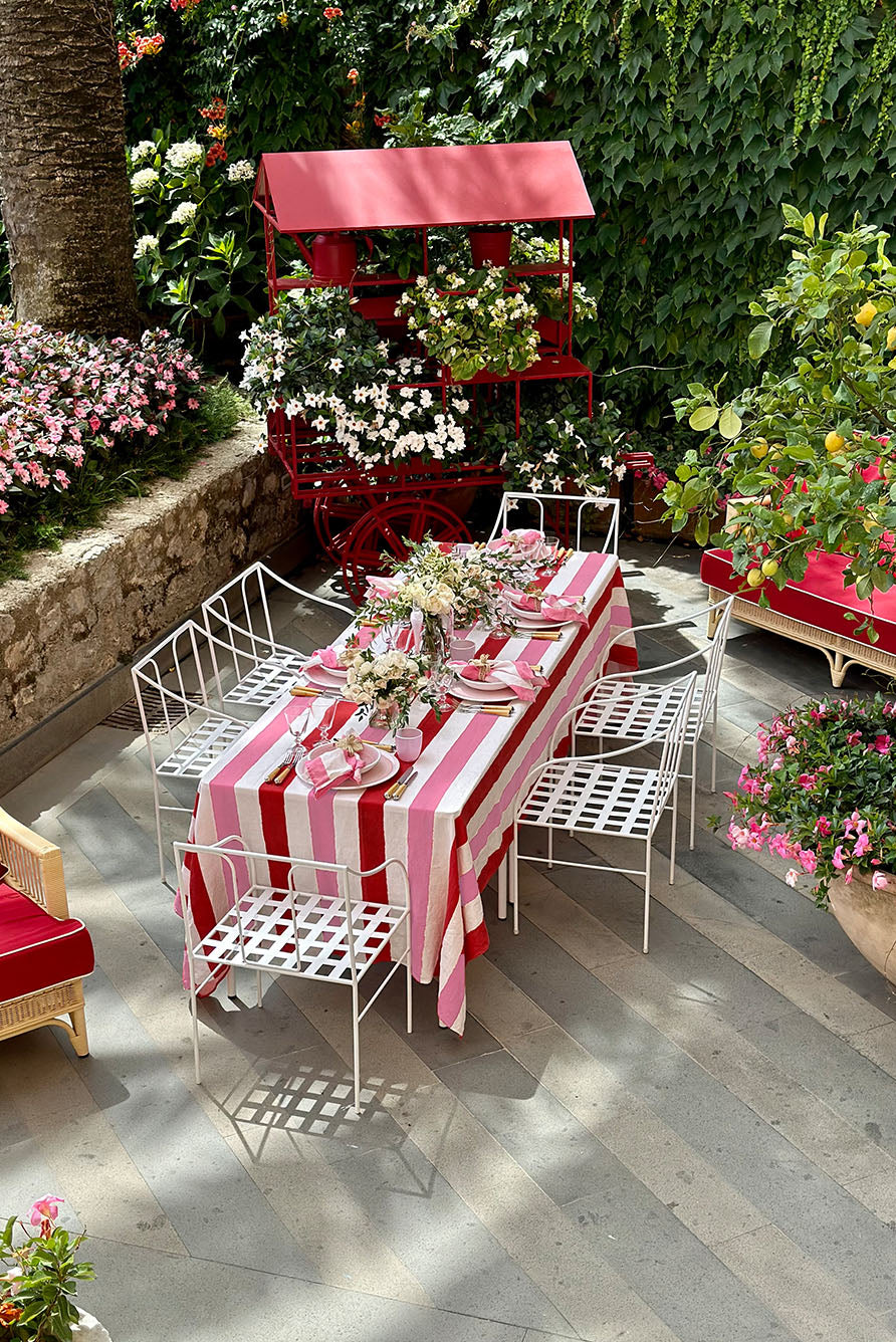 'Stripe' Linen Tablecloth in Raspberry Red & Rose Pink