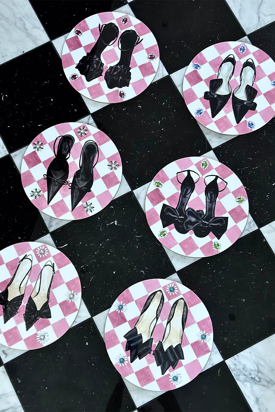 Set of 6 Shoe Check & Crystal Round Cork-Backed Placemats in Rose Pink, 34cm