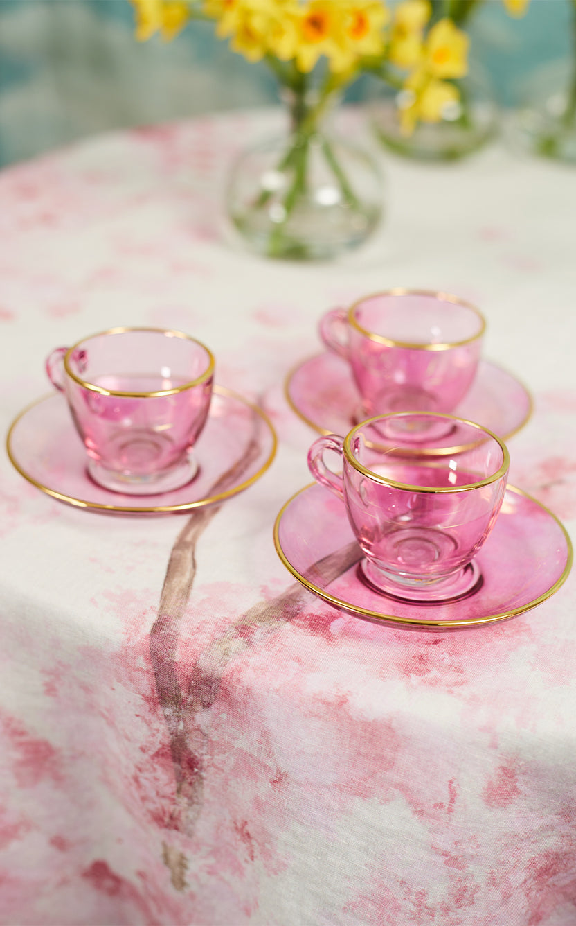 Handblown Italian Glass Espresso Cup and Saucer in Pink with Gold Rim