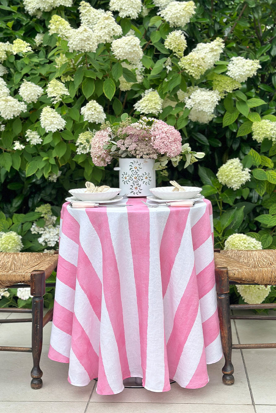 'Stripe' Round Occasional Linen Tablecloth in Rose Pink, 165cm