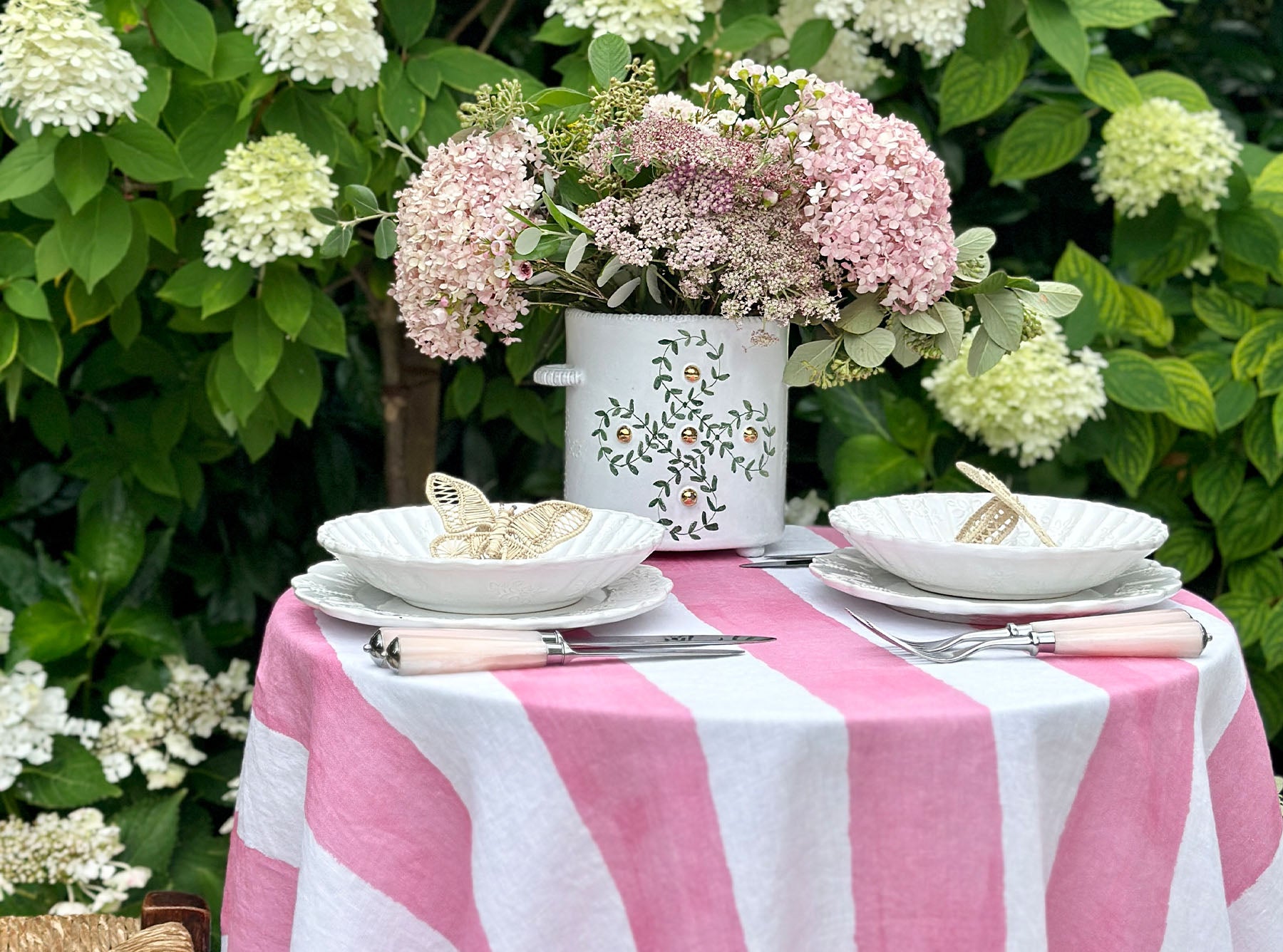 'Stripe' Round Occasional Linen Tablecloth in Rose Pink, 165cm