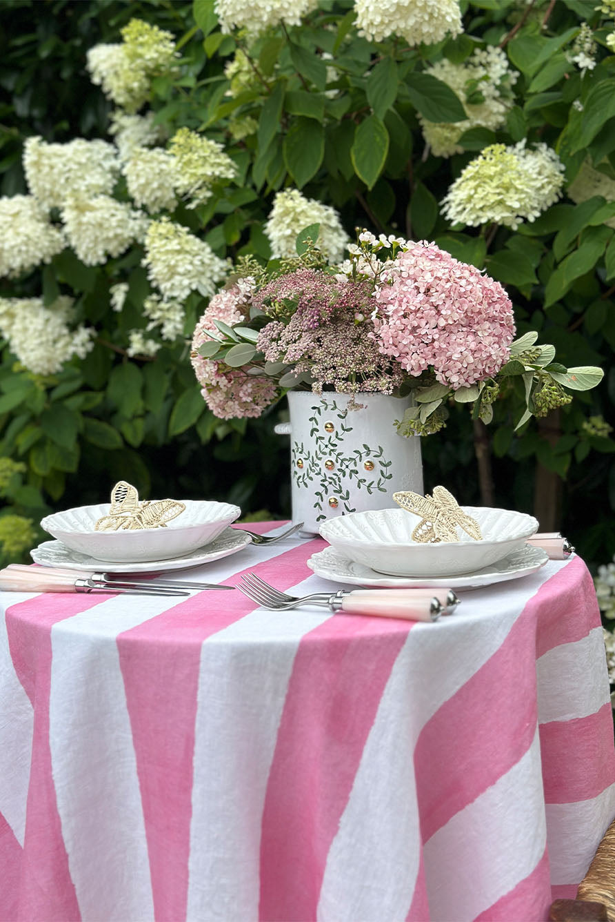 'Stripe' Round Occasional Linen Tablecloth in Rose Pink, 165cm