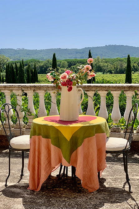 'Table for Two' Square Linen Heart Tablecloth in Pink, Green, Yellow & Red, 165cm x 165cm
