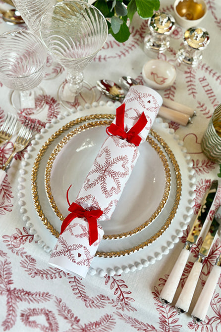 Christmas Crackers with 'Amour Bonheur' Print and Red Velvet Bows, Box of 6 (UK ONLY)