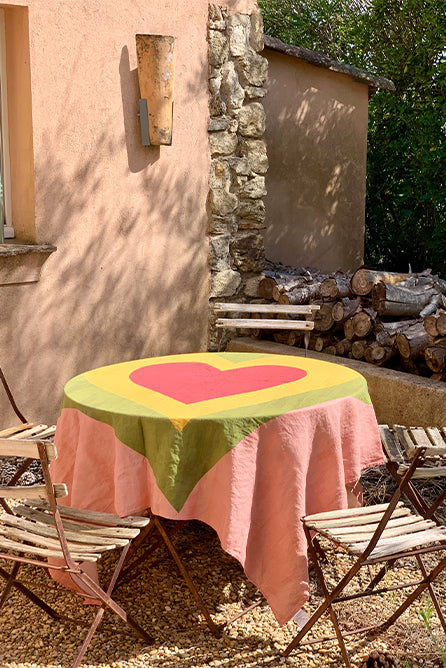 'Table for Two' Square Linen Heart Tablecloth in Pink, Green, Yellow & Red, 165cm x 165cm