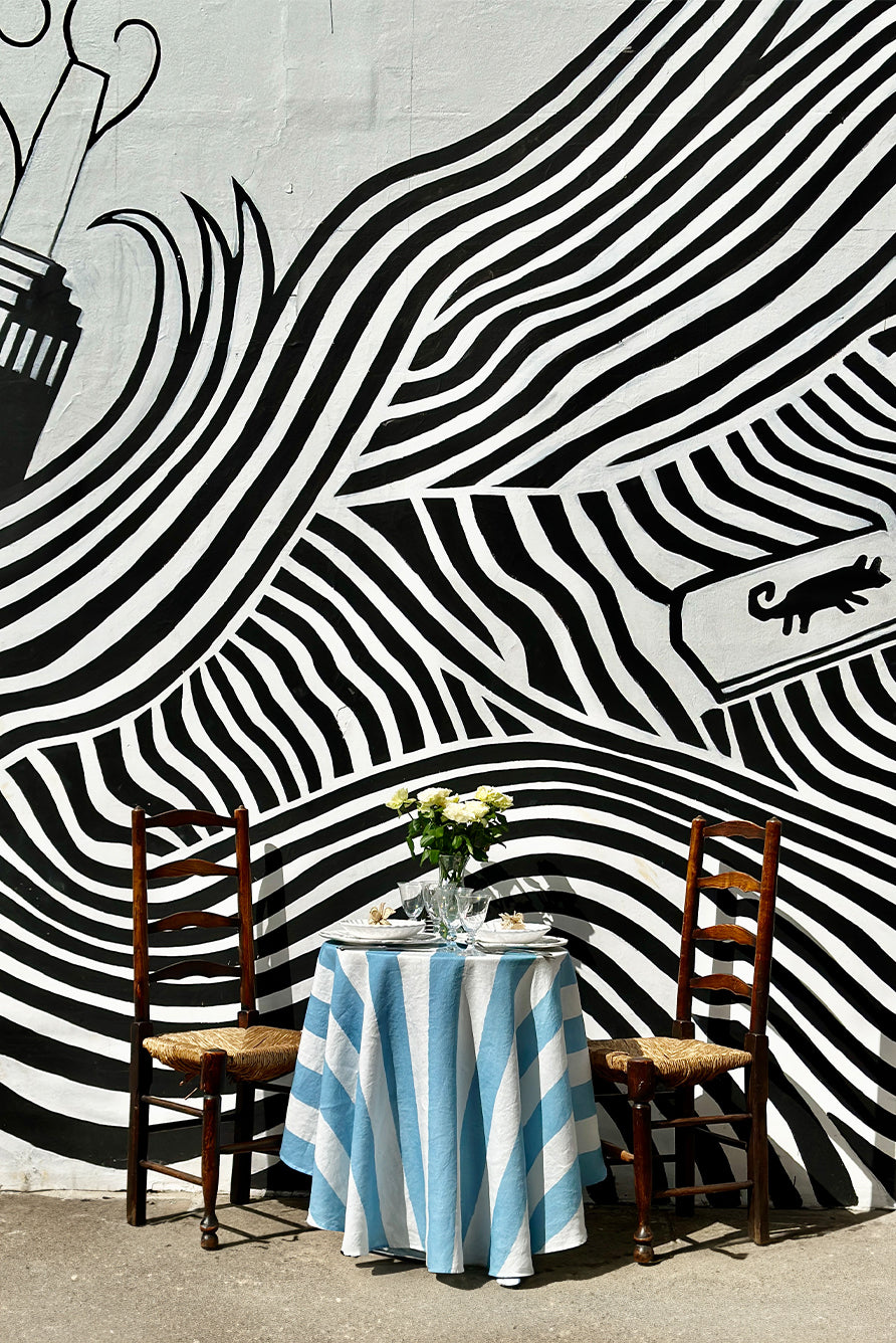 'Stripe' Round Occasional Linen Tablecloth in Pale Blue, 165cm