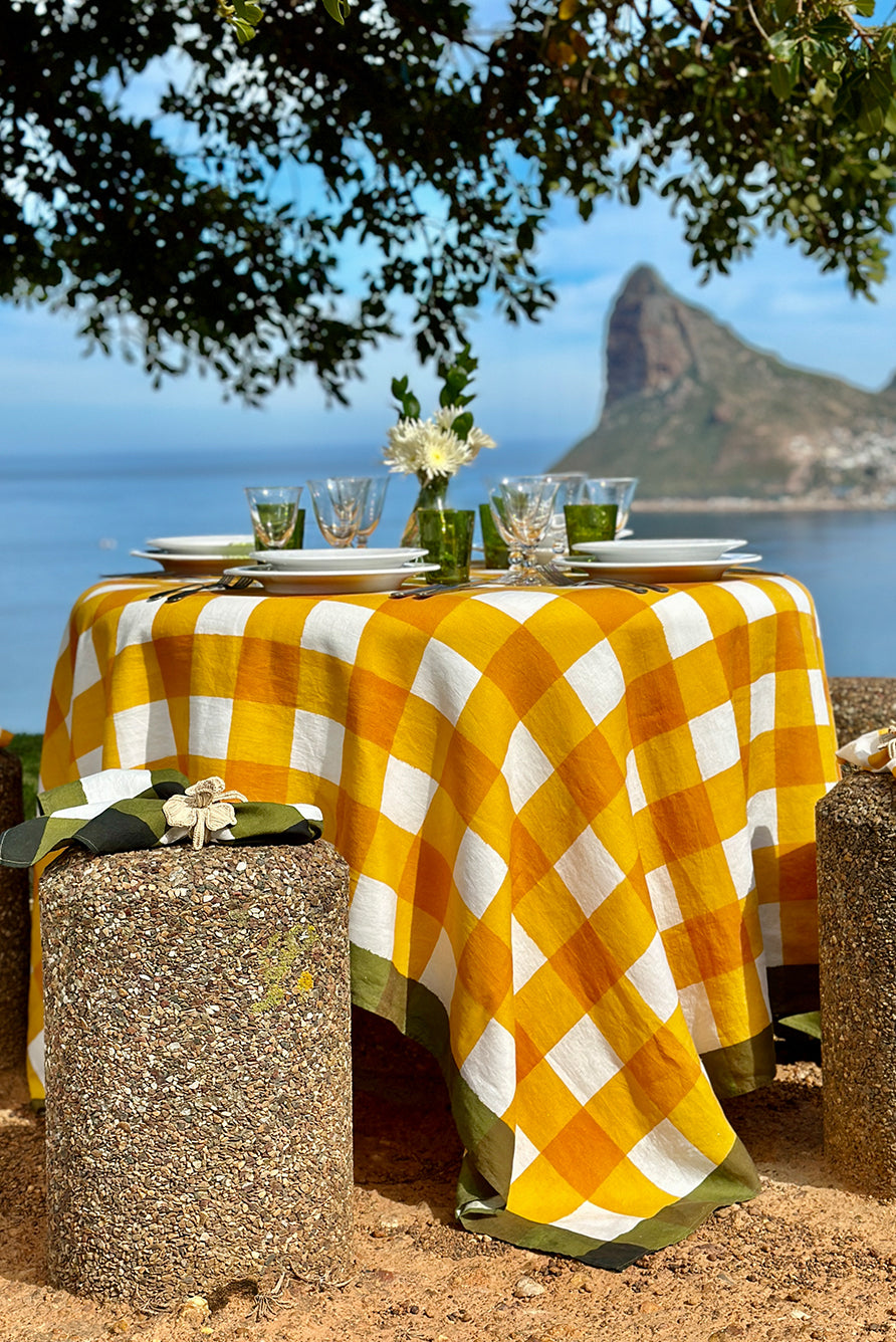 'Gingham' Linen Tablecloth in Mustard Yellow with Avocado Green Trim