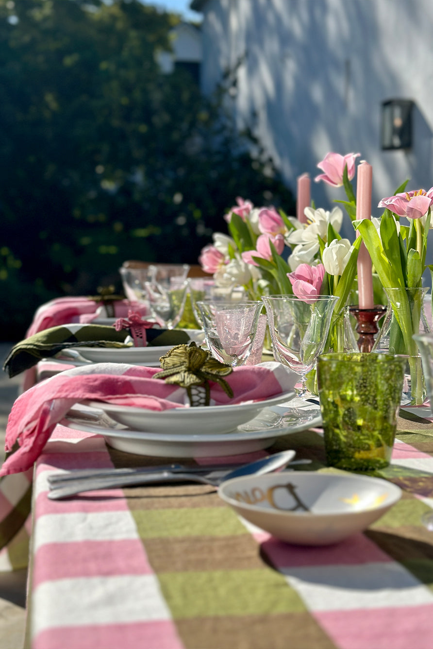 'Gingham' Linen Tablecloth in Rose Pink & Avocado Green