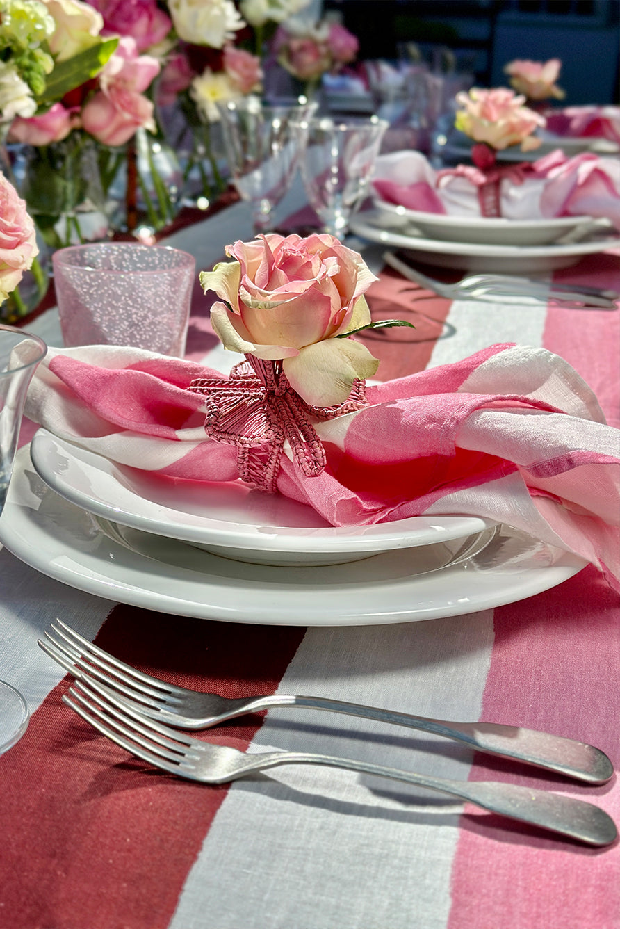 'Stripe' Linen Tablecloth in Raspberry Red & Rose Pink
