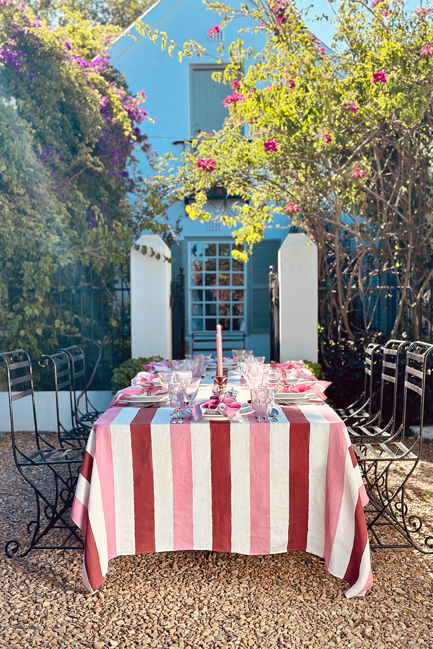 'Stripe' Linen Tablecloth in Raspberry Red & Rose Pink