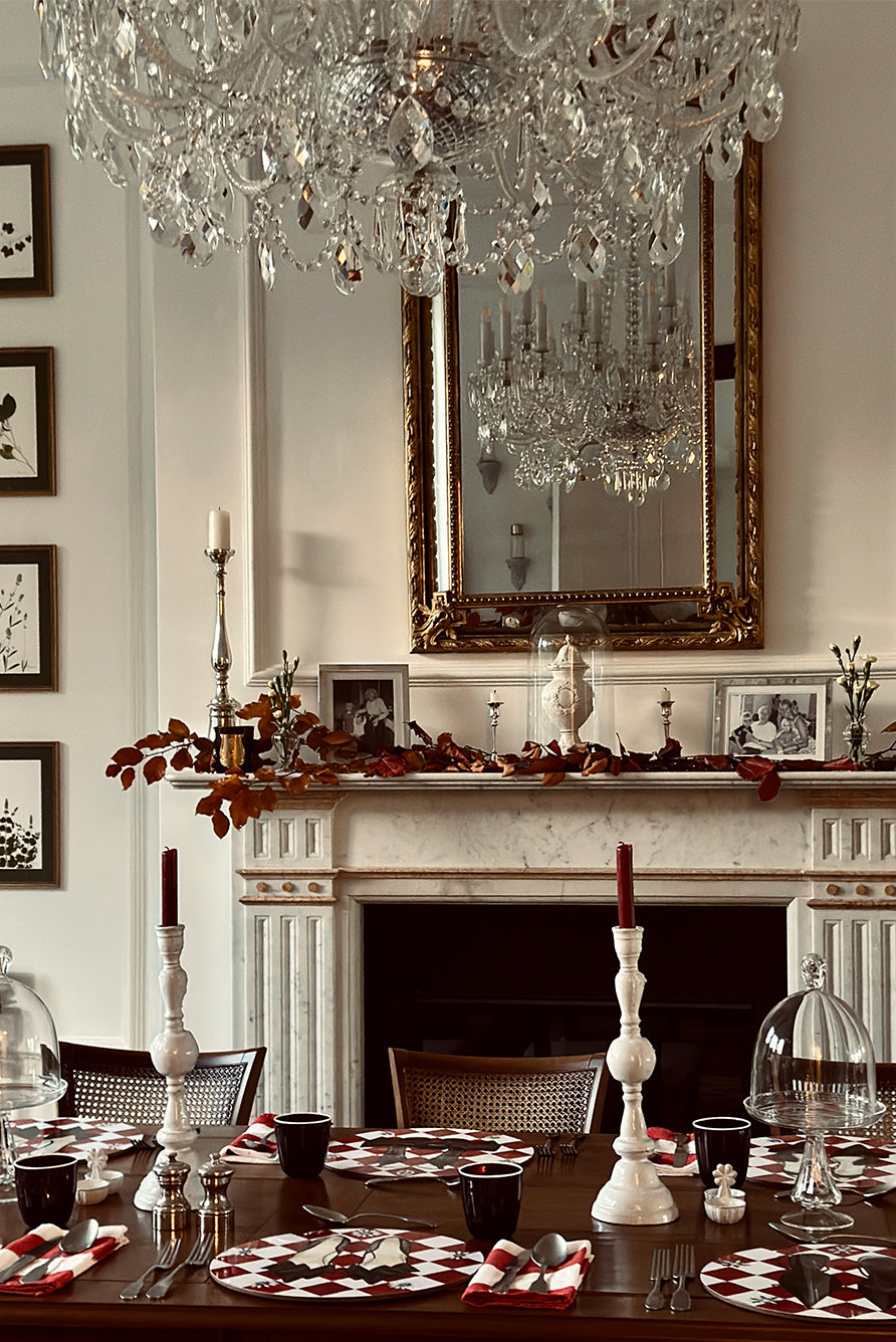 Set of 6 Shoe Check & Crystal Round Cork-Backed Placemats in Claret Red, 34cm
