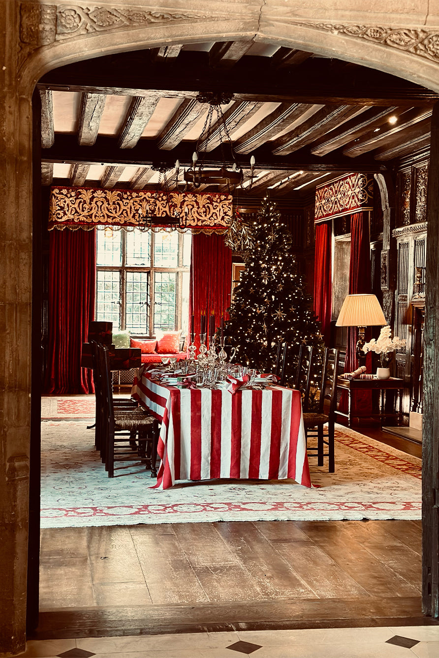 'Stripe' Linen Tablecloth in White & Red